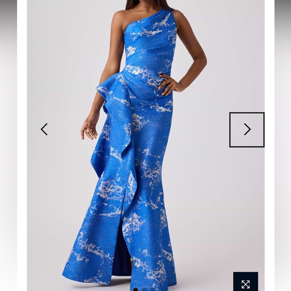 Teri Jon Metallic Jacquard One-Shoulder Gown